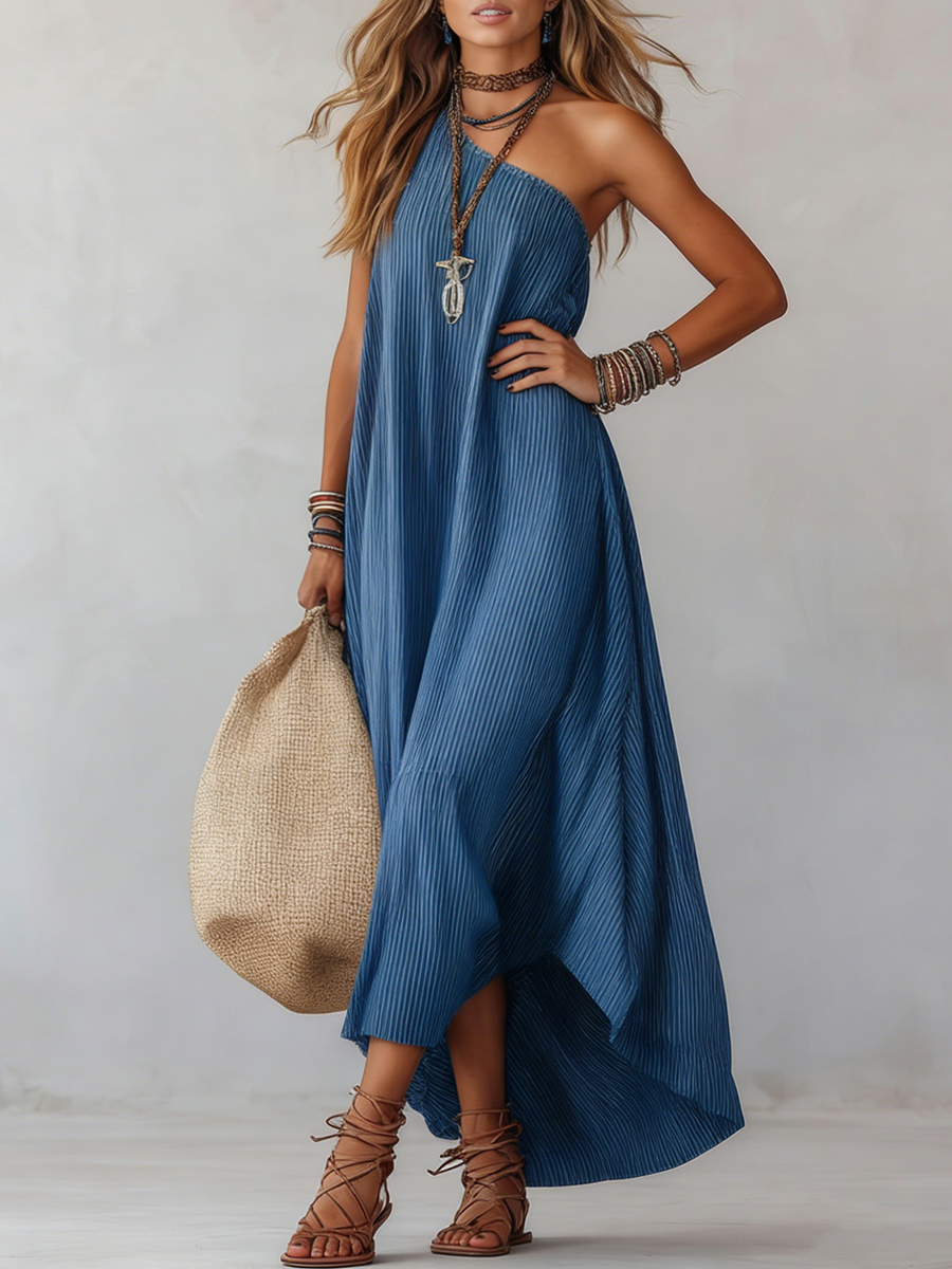 Casual Off-shoulder Striped Loose Maxi Dress