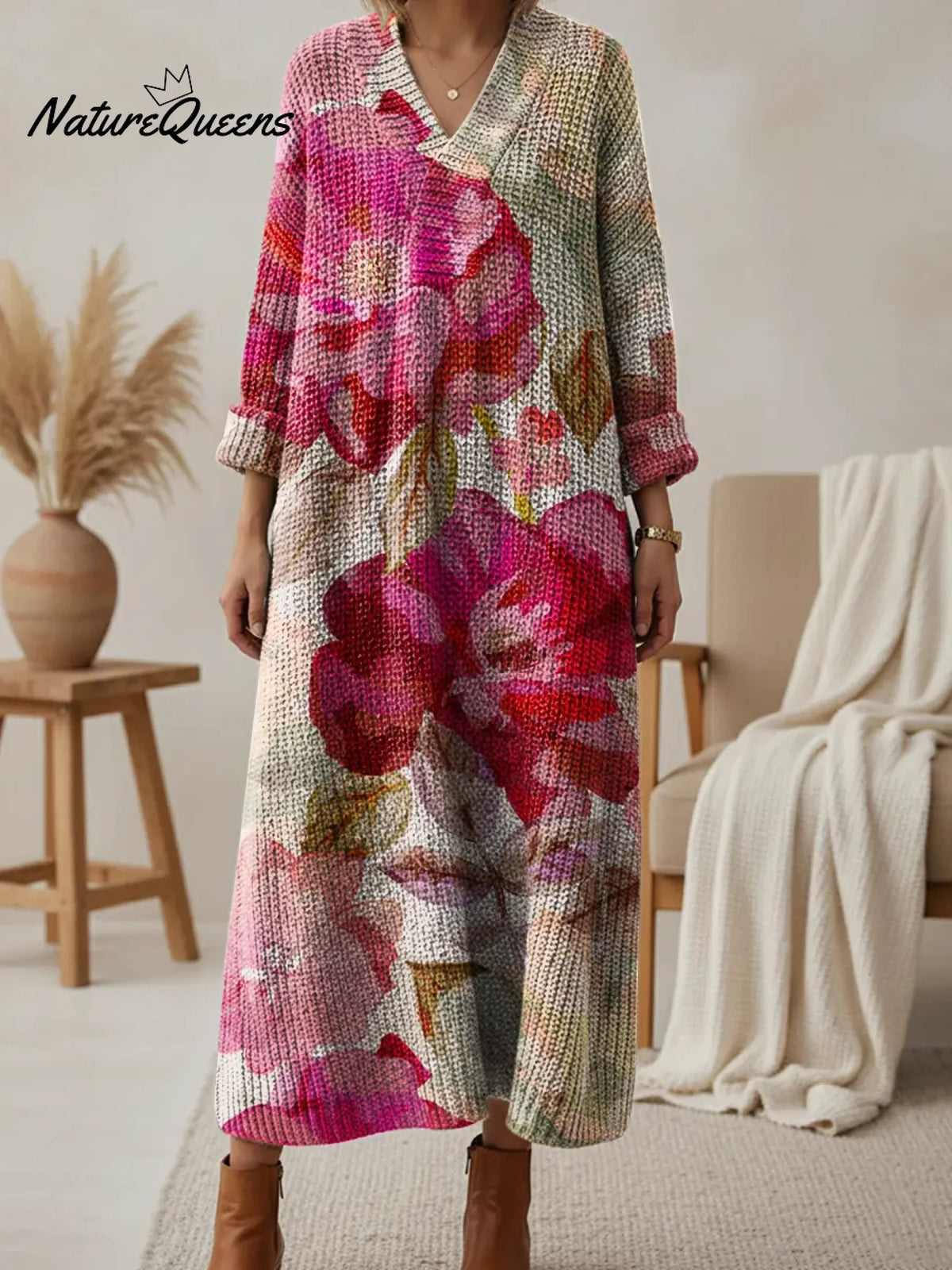 Women's Vintage Artistic Flowers V-neck Knit Dress