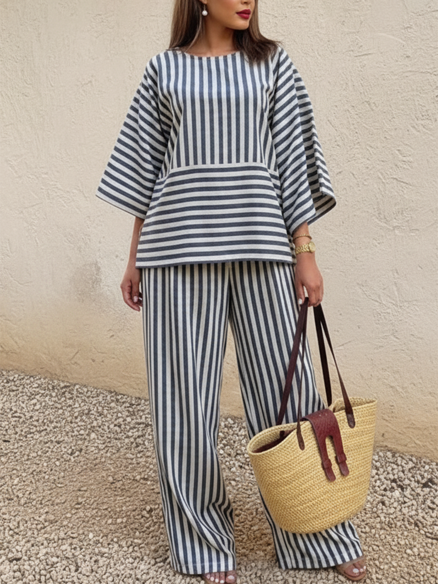 Casual Striped Linen Top And Wide-leg Pants Two-piece Set