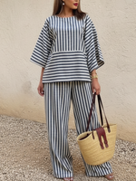 Casual Striped Linen Top And Wide-leg Pants Two-piece Set