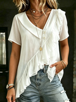 Women's Asymmetrical Ruffle Blouse Elegant V Neck Short Sleeve Shirt Casual Asymmetric Hem Tops Button Down Shawl Collar