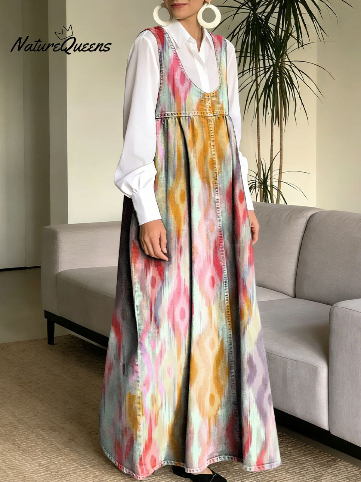 Women's Retro Colorful Pattern Art Print Casual Cotton Denim Dress