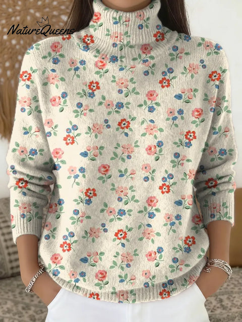 Women's Floral Pattern Art Print Knit Turtleneck Pullover Sweater