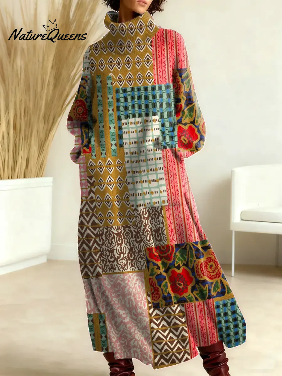 Women's Vintage Pattern Art Print Casual Cotton Knitted Dress