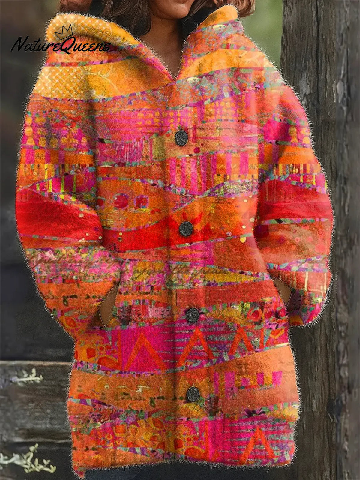 Women's Vintage Abstract Geometry Art Print Casual Fleece Coat