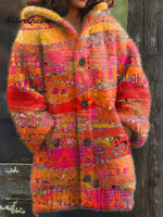 Women's Vintage Abstract Geometry Art Print Casual Fleece Coat
