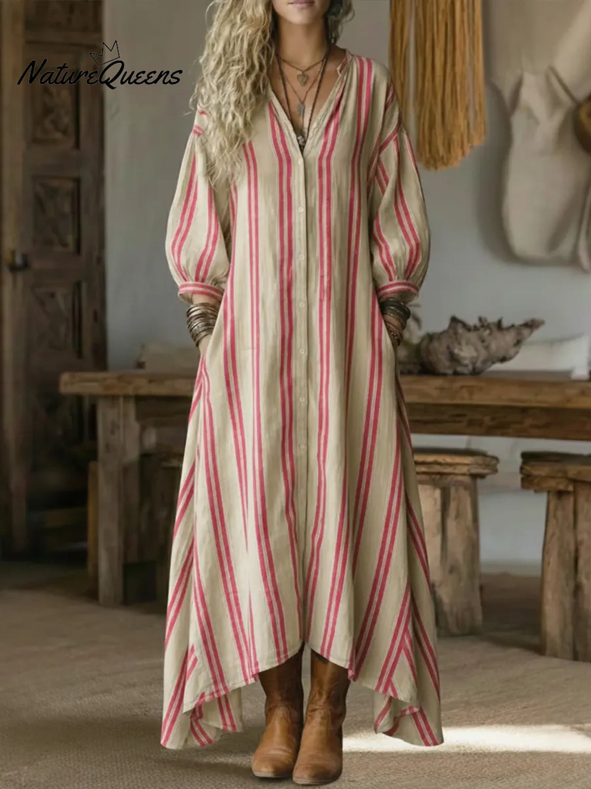 Women's Casual Striped Linen-cotton Dress