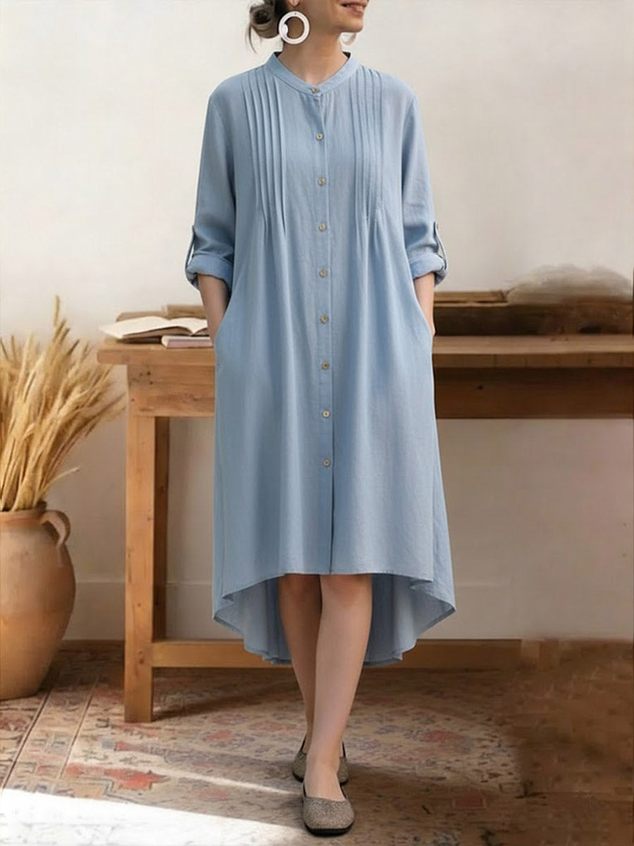 Women's Solid Color Stand-collar Long-sleeved Casual Loose Cotton And Linen Shirt Dress