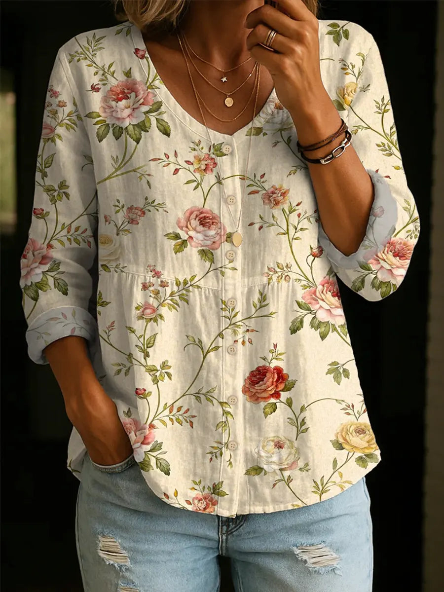 Women's Floral Pattern Art Print Casual Cotton Shirt
