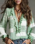 Women's Retro Ethnic Floral Art Casual Ruffled Zip Stylish Cotton Shirt