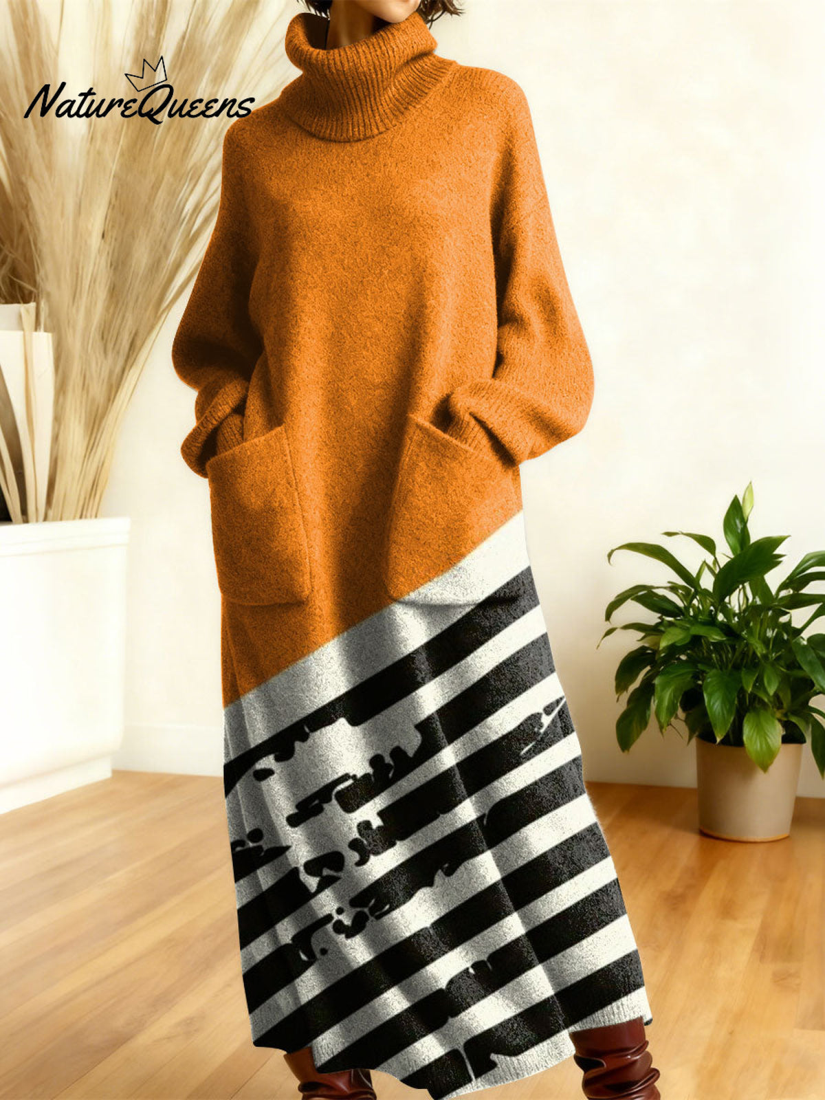 Women's Retro Abstract Geometric Colorful Splicing Patterns Art High-neck Long-sleeve Casual Loose Knit Dress