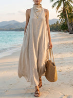 Vestido largo de lino con cuello alto para mujer