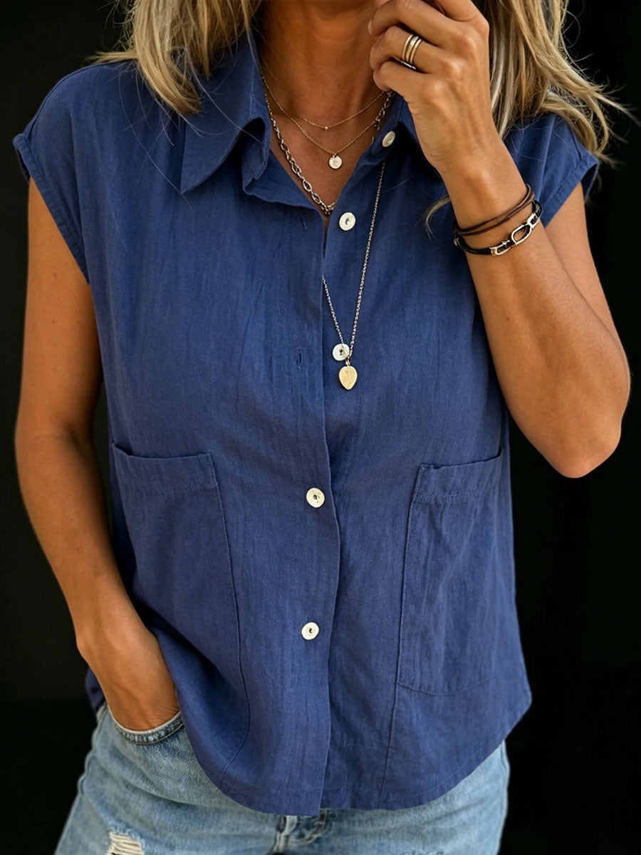 Women's Buttoned Pockets Loose-fit Short-sleeve Cotton-linen Shirt