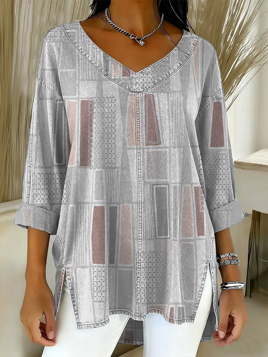 Women's Retro Geometric Art Print Casual Washed Denim Cotton Top