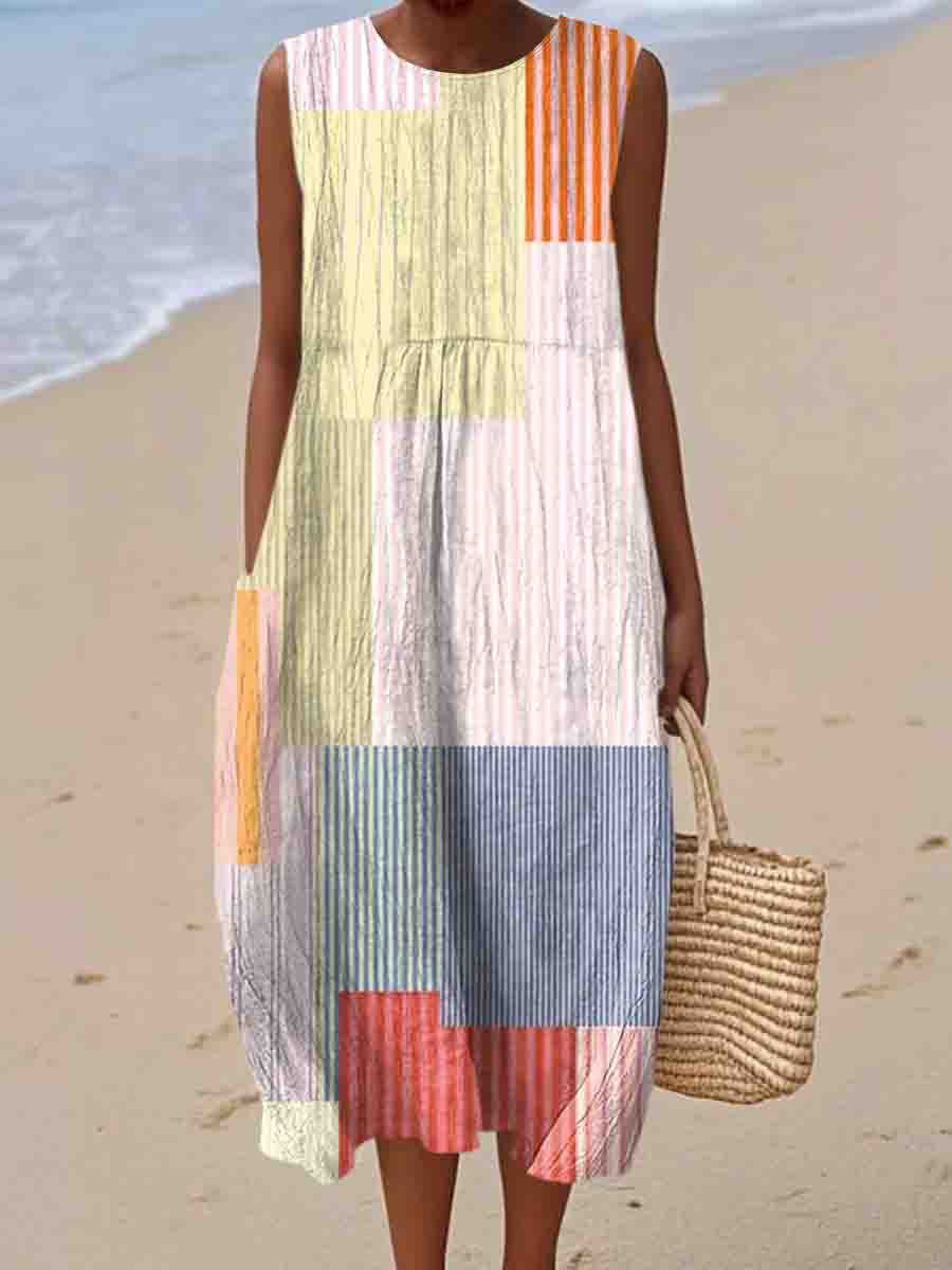 Women's Vintage Abstract Geometry Art Print Sleeveless Cotton Pocket Wrap Dress