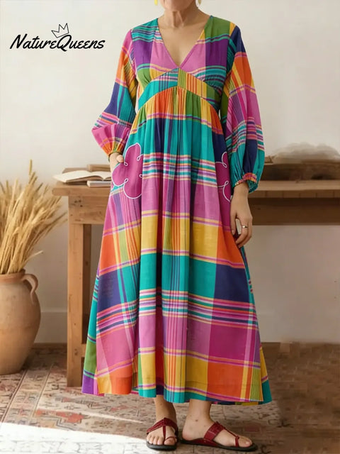 Women's Colorful Plaid Print V-neck Long Sleeve Casual Loose Cotton Linen Dress