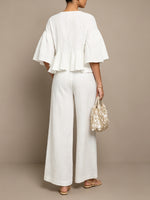 Women's White Pleated Cotton-linen Ruffle Sleeve Two-piece Set