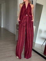 Stylish Casual Striped Backless Linen-cotton Top And Wide-leg Pants Two-piece Set
