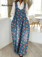 Women's Vintage Flower Pattern Art Print Casual Cotton Denim Dress