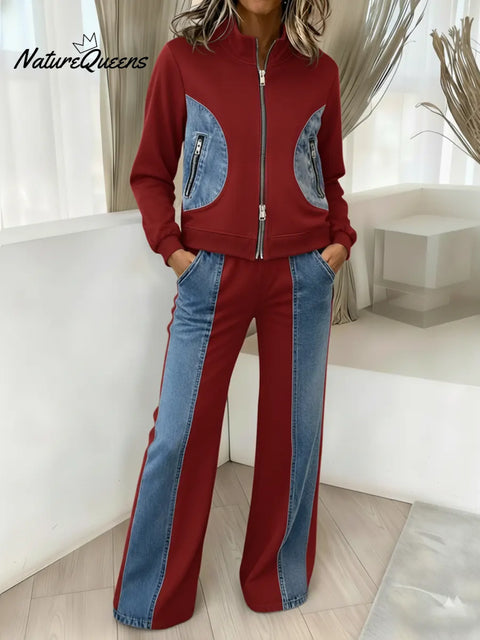 Women's Casual Zipper Patchwork Denim Cotton Sweatshirt and Pants Two-Piece Set