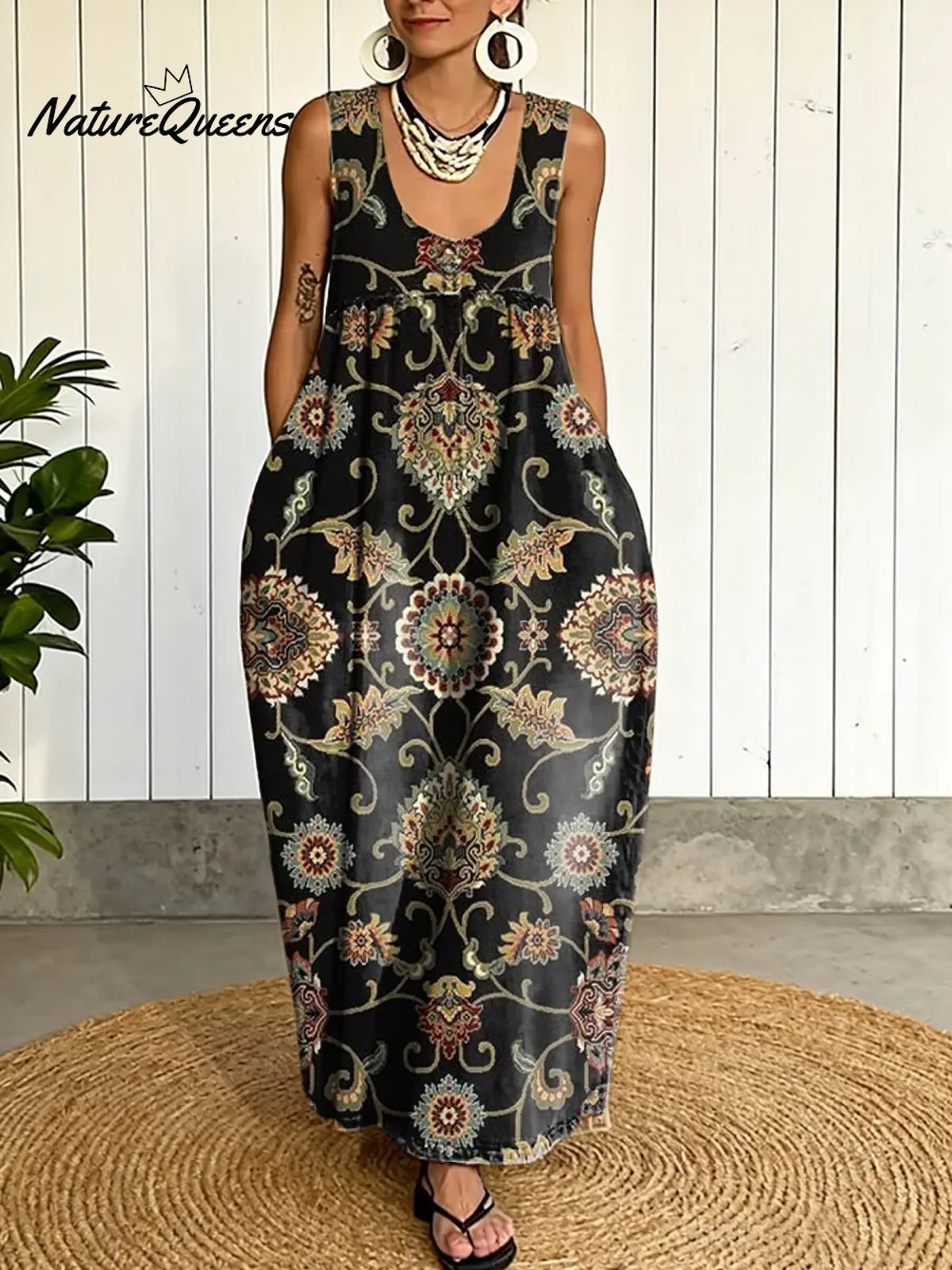 Women's Vintage Flower Pattern Art Print Casual Cotton Denim Dress