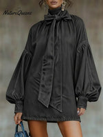 Women's High-neck, Bow-tie, Puff-sleeve Denim Cotton Mini Dress