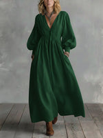 Waist-elastic Linen And Cotton Lantern-sleeved Dress