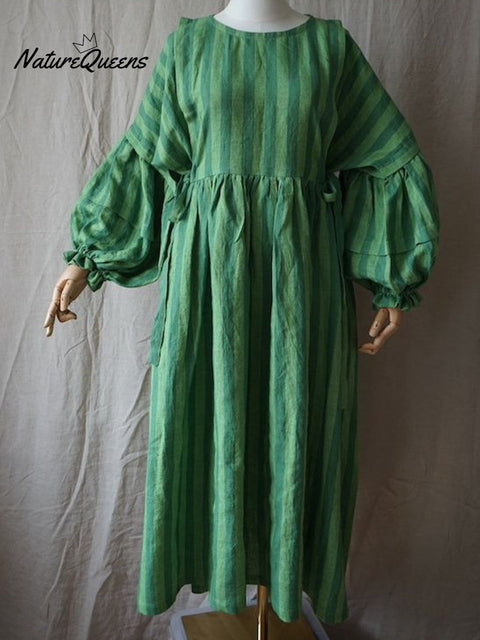 Women's Cotton And Linen Plaid Lantern Sleeve Dress