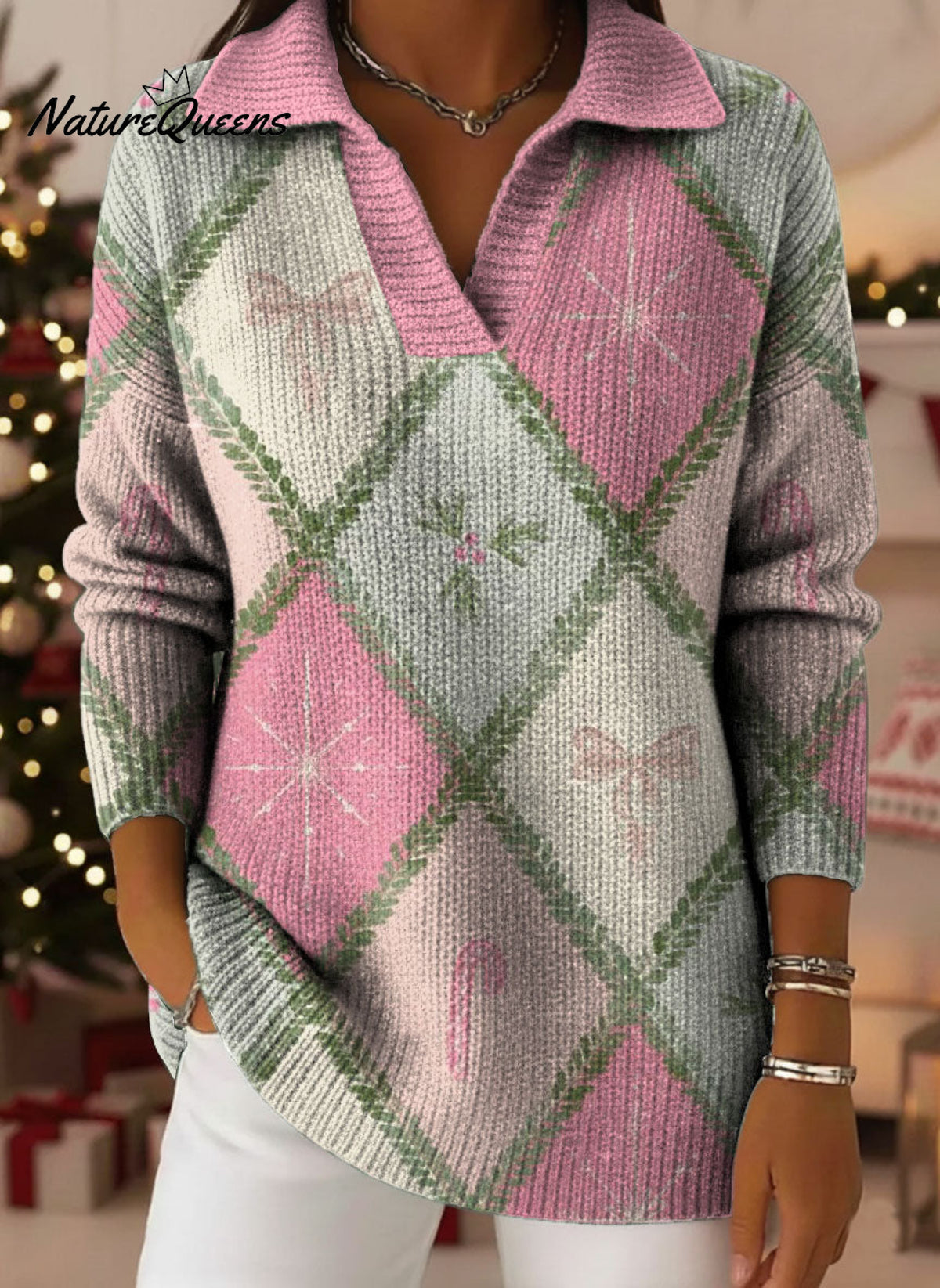 Christmas Gradient Art Pattern Polo Collar Shiny Loose Sweater Top