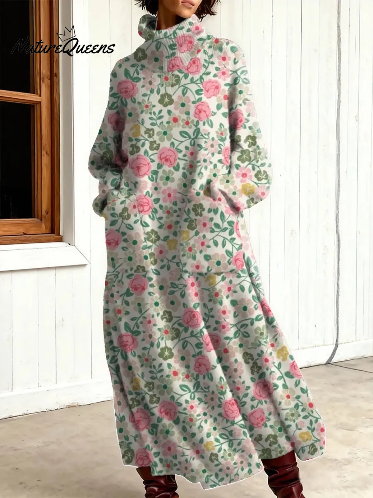 Women's Vintage Flower Art Print Casual Cotton Knitted Dress