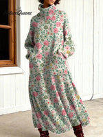 Women's Vintage Flower Art Print Casual Cotton Knitted Dress