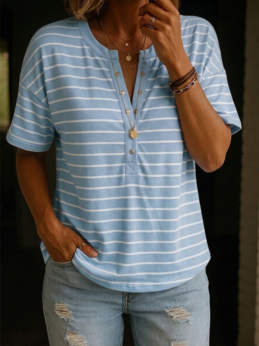Cozy And Casual Henley Collar Striped Cotton T-shirt