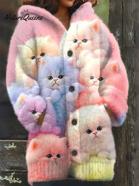 Cozy Cute Cats  Art Print Casual Plush Warm Coat