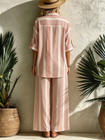 Striped Roll-up Sleeve Collared Shirt + Drawstring Wide-leg Pants Two-piece Set