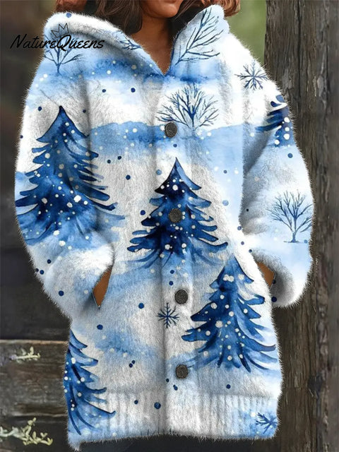 Women's Christmas Tree Pattern Art Print Casual Fleece Coat