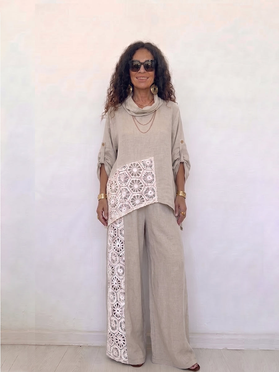 Women's Two-piece Set: Linen-blend Crew-neck Top And Wide-leg Pants With Lace-panel Detail – Casual Outfit