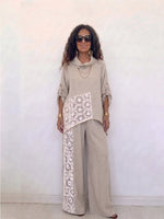 Women's Two-piece Set: Linen-blend Crew-neck Top And Wide-leg Pants With Lace-panel Detail – Casual Outfit