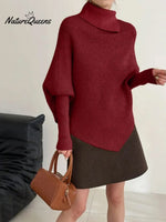 Women's Solid Color High-neck Batwing Sleeve Casual Loose Knit Sweater