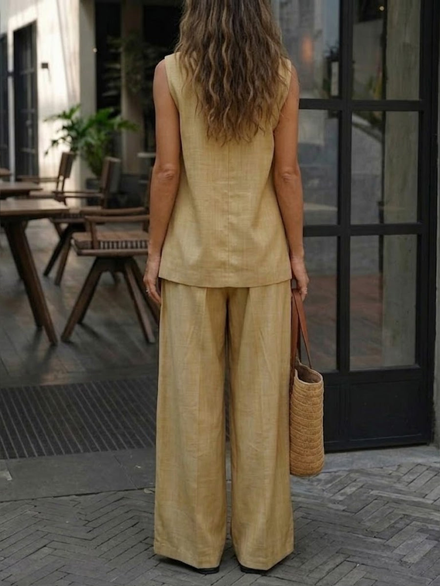 Women's Simple High-end Irregular Cut Sleeveless Top Cotton And Linen Set
