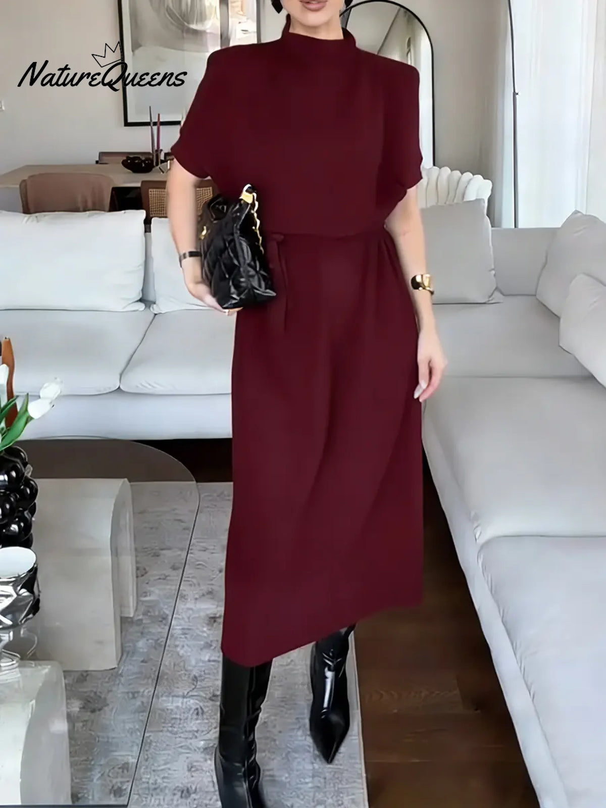 Women's Solid Color Stand Collar Short Sleeve Casual Loose Knit Dress