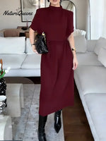 Women's Solid Color Stand Collar Short Sleeve Casual Loose Knit Dress