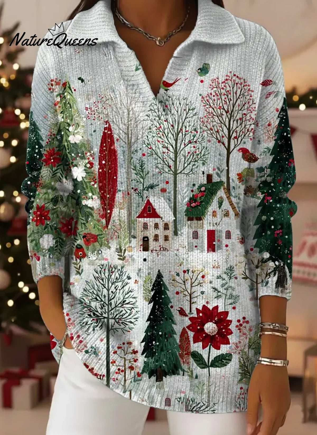 Women's VintageChristmasArt Print Casual Sweater