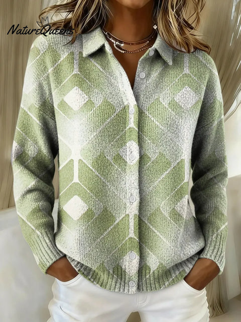Women's Green Art Geometry Printed Collared Sweater