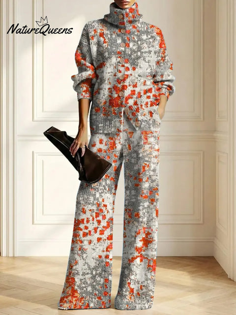 Women's Abstract Pattern Art Print Casual Cotton Knitted Suits