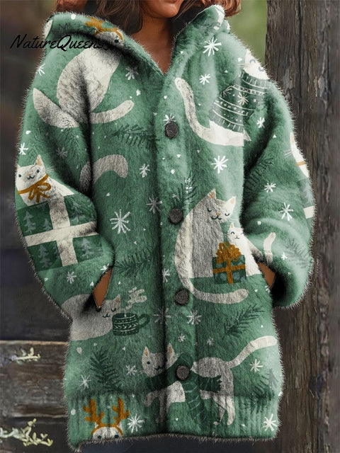 Women's Retro Christmas Snow Cute Animals Cat Pattern Art Print Casual Plush Warm Coat