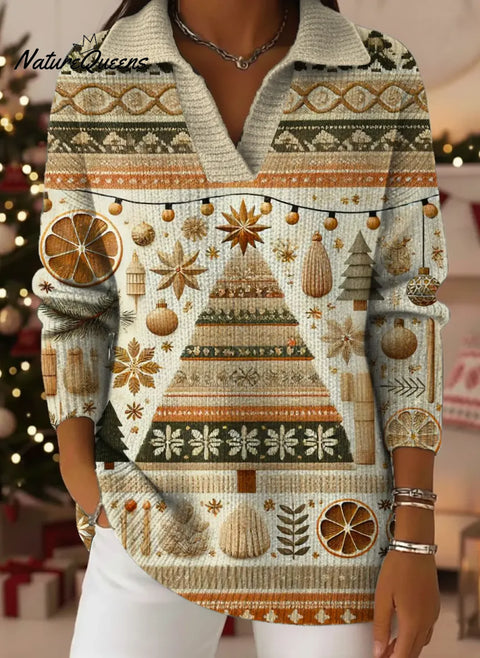Women's Christmas Tree Pattern Art Print Casual Cotton Sweater