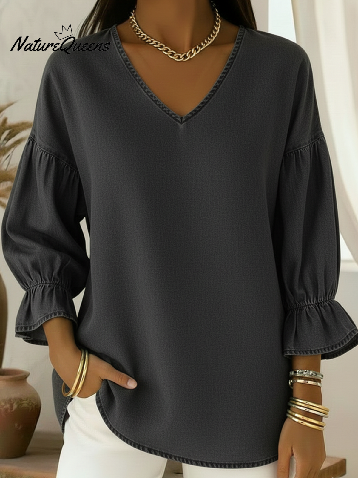 Casual V-neck Denim Shirt Top