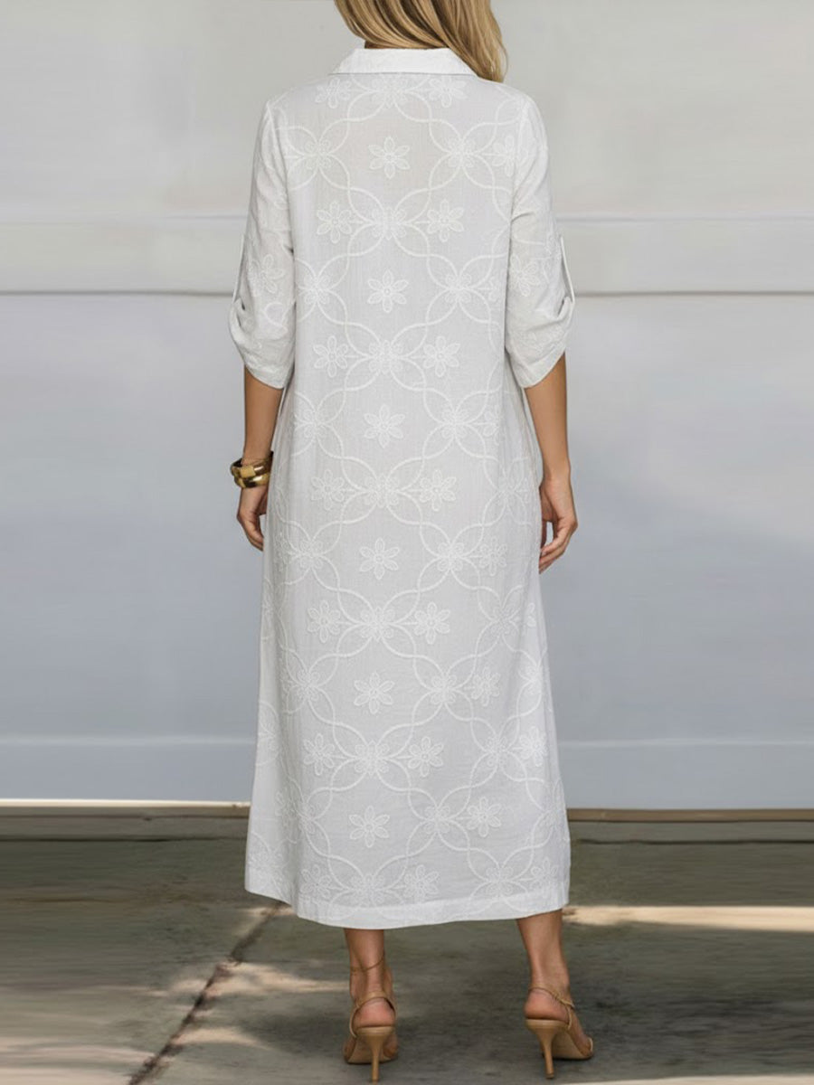 Women's Solid Color Lapel Long-sleeved Casual Loose Cotton Embroidered Dress