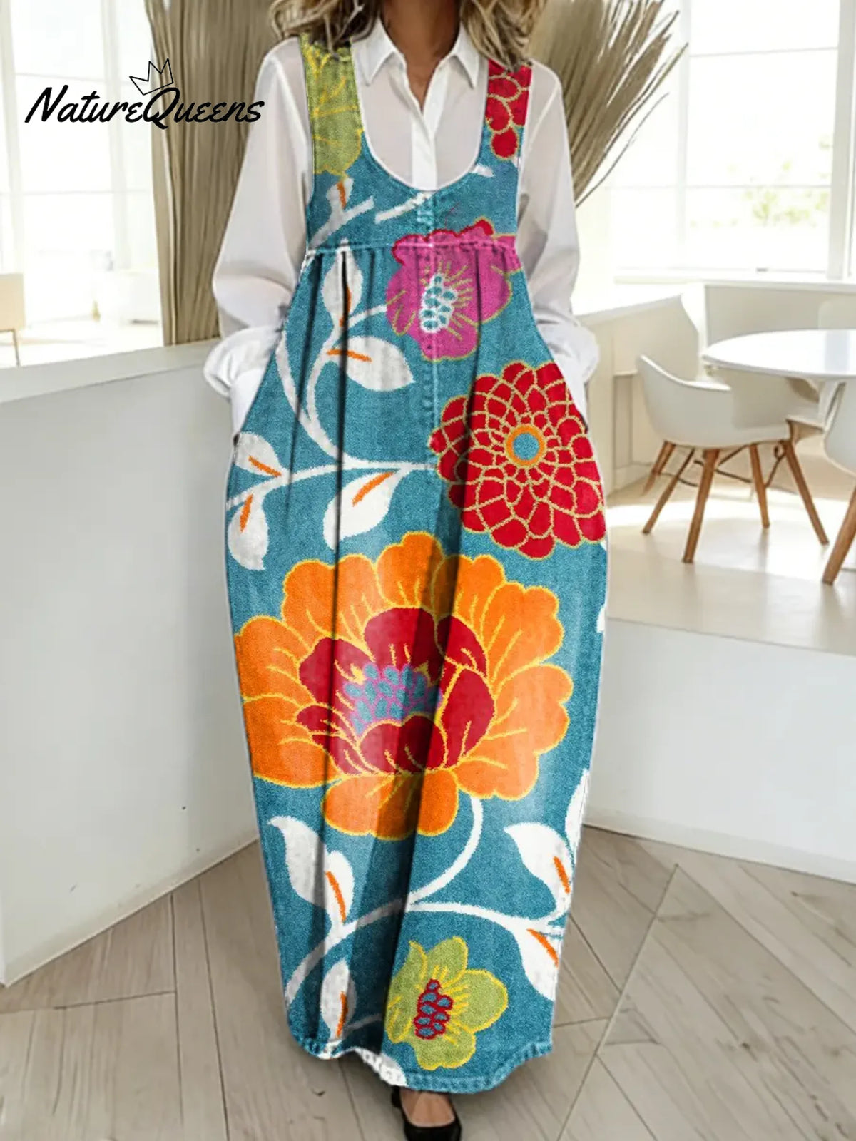 Women's Vintage Flower Pattern Art Print Casual Cotton Denim Dress