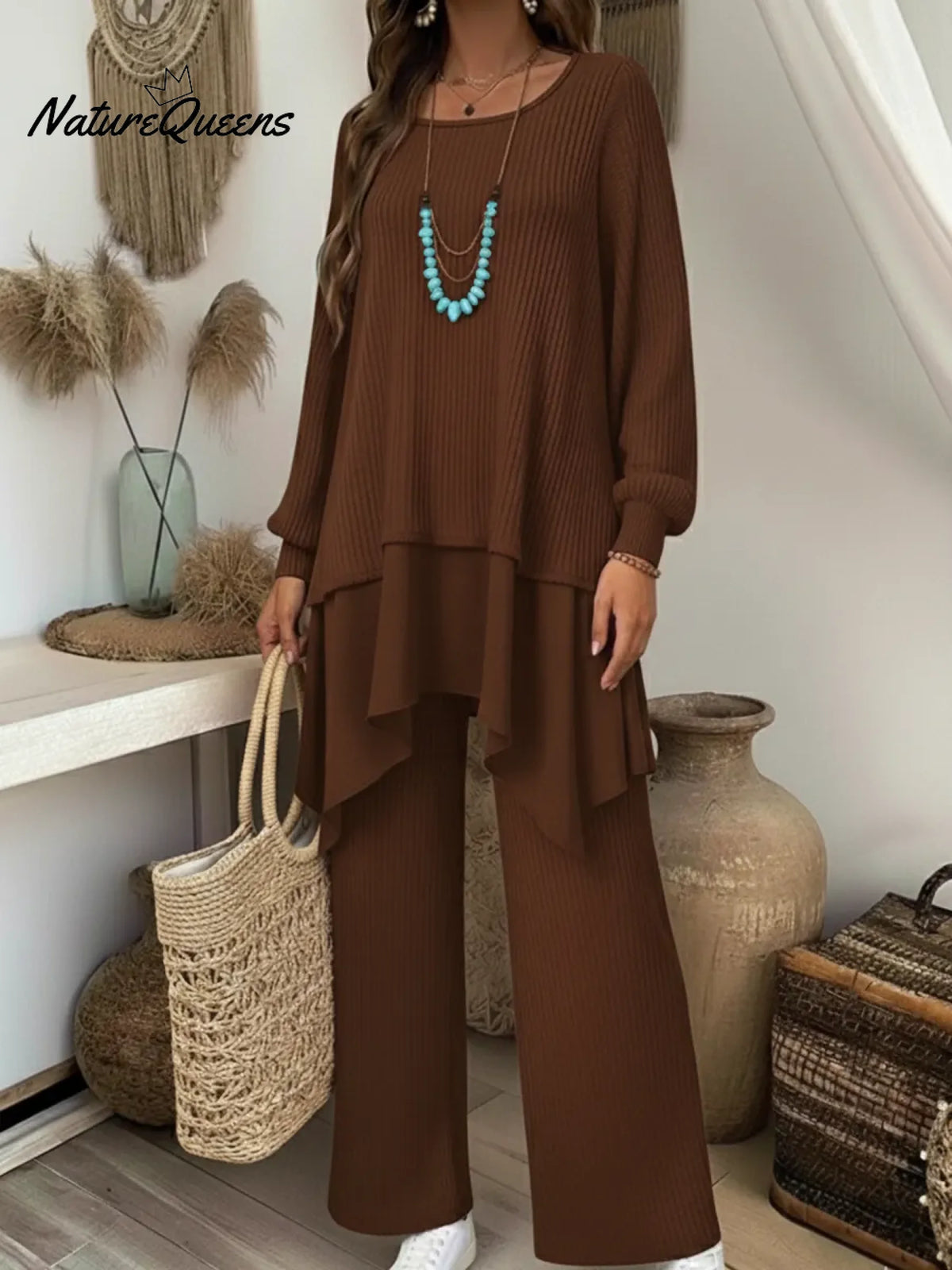 Cozy Travel Outing Knitted Patchwork Top And Pants Two-piece Set